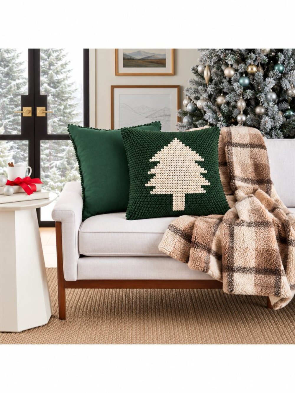 Mina Victory Christmas Tree Throw Pillow Green Ivory 22x22 Holiday Decor NWT